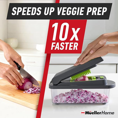 MUELLER HOME Pro-Series 10-in-1, 8 Blade Vegetable Chopper, Onion Mincer, Cutter, Dicer, Egg Slicer with Container, French Fry Cutter Potato Slicer, Home Essentials, Salad Chopper,Gray/Green