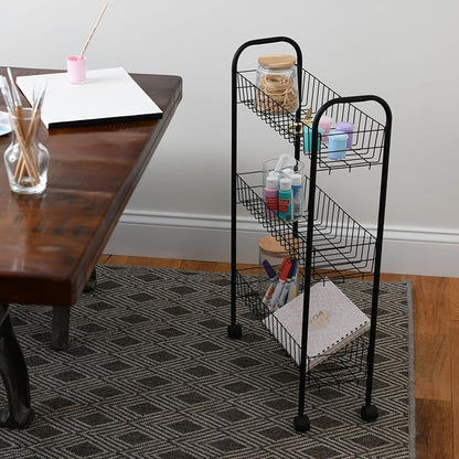Household Essentials Matte Black Slim, 3 Shelf Storage Cart with Wheels