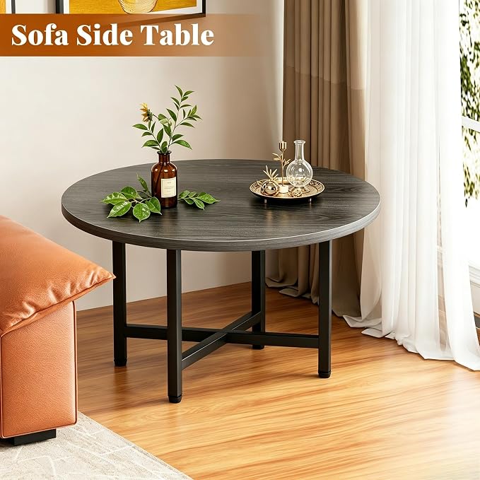 Coffee Table, 23.6" Small Coffee Tables, Gray Round Coffee Tables for Living Room, Floor Table for Sitting on The Floor, Center Coffee Table with Metal Frame for Office Apartment Home