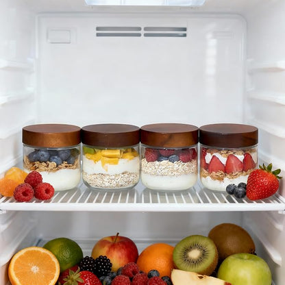 Danmu 12 oz Overnight Oats Containers with Lids,Glass Jars with Lids 4 Pack | Wooden Lid,Mason Jars 12 oz with Lids,Meal Prep,Yogurt,Leak-proof,Dishwasher Safe(remove lids),Fridge Safe,Portable