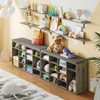 DINZI LVJ Shoe Storage Bench with Cushion, 16-Cubby Shoe Rack, Adjustable Shelves, Multifunctional Shoe Organizer Bench for Entryway, Mudroom, Hallway, Living Room, Bedroom and Garage, Gray Wash