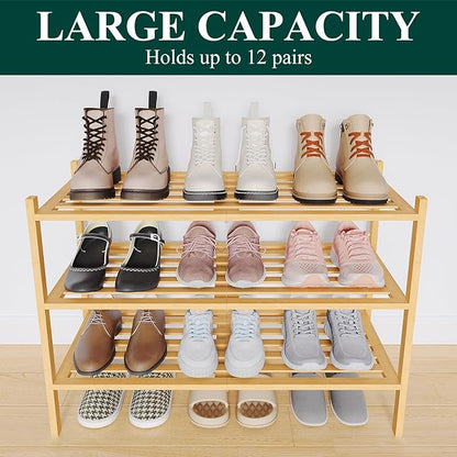 Smiry Bamboo Shoe Rack 3-Tier, Stackable Wooden Shoe Organizer for Entryway & Closet, Free Standing Wood Shoe Storage Shelf for Front Door & Small Spaces, Natural