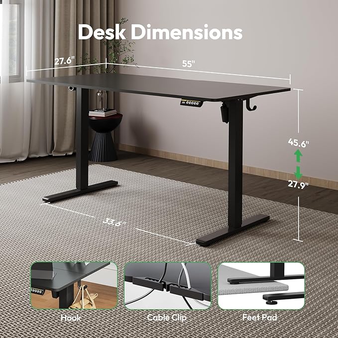 Large Electric Standing Desk,55x28 Inches Adjustable Height Stand up Desk, Sit Stand Home Office Desk, 3 Preset Heights,Equipped with Hooks,Ergonomic Computer Desk Workstation，Black
