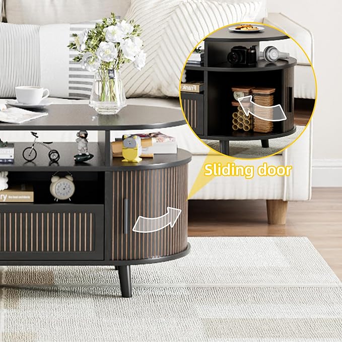 39" Fluted Coffee Table, Coffee Tables with Storage, Oval Coffee Table for Living Room, Center Table with Tambour Doors, Black Coffee Tables for Apartment, Office