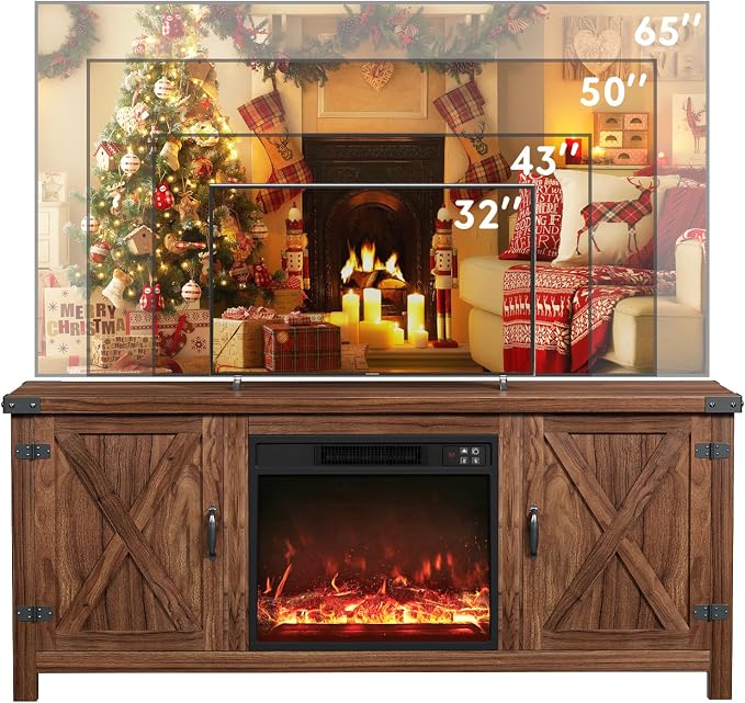 YESHOMY Fireplace TV Stand with Two Barn Doors and Storage Cabinets for Televisions up to 65+ Inch, Entertainment Center Console Table, Media Furniture for Living Room, 58 Inch, Brown