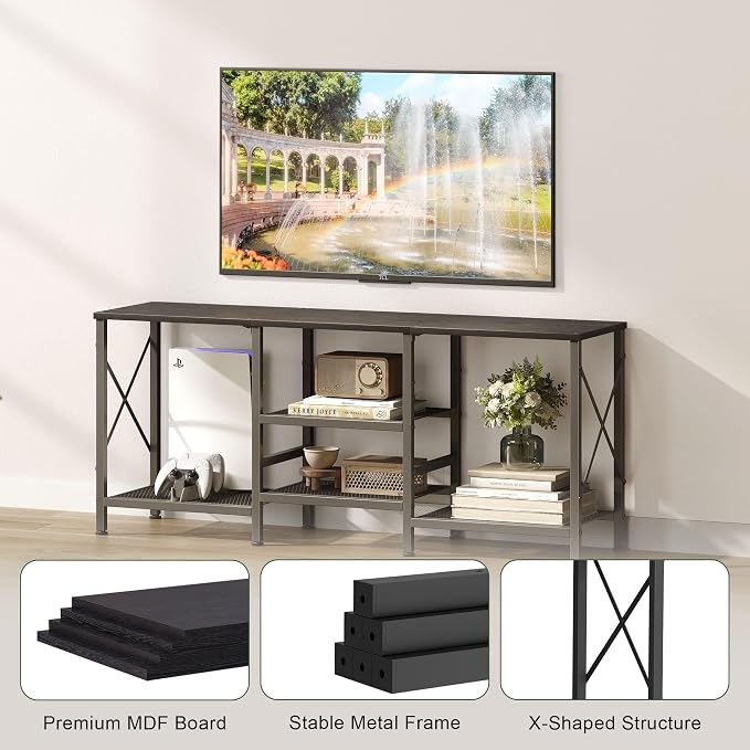 JARHETUN TV Stand for 55 Inch TV, Entertainment Center with 3-Tier Open Shelves, TV Console Table for Living Room, Bedroom, Black