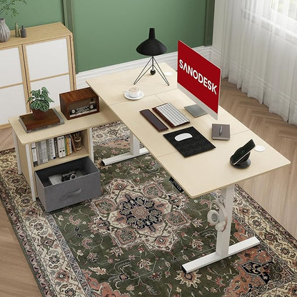 SANODESK 63'' L Shaped Standing Desk with 2-Drawer File Cabinet, Electric Height Adjustable Stand up Desk w/USB Charge Ports, Home Office Modern Wood Computer Desk with Shelves,White Frame/Maple Top