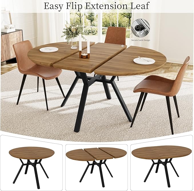 Extendable Round Dining Table Set for 6 People, 43.3"-59.1" Extendable Kitchen Table with 6 Upholstered Chairs, Space Saving for Kitchen Dining Room (Walnut Table+6 Brown Chairs)