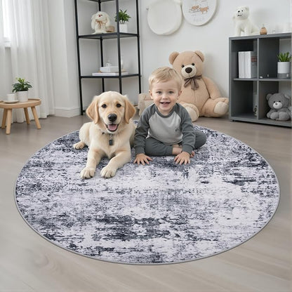 Round Area Rug for Living Room: 4 ft Washable Modern Abstract Soft Thin Rug Indoor Floor No Slip Stain Resistant Carpet for Bedroom Dining Room Farmhouse Nursery Home Office - Grey