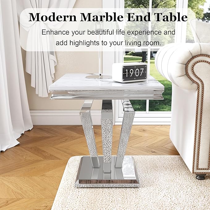 Marble End Table, Modern Square 23” Side Table with Diamond-Shape Stainless Steel Base and Faux Marble Top, Small Sofa Table for Living Room, Bedroom, Lounge (Silver,White)