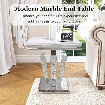 Marble End Table, Modern Square 23” Side Table with Diamond-Shape Stainless Steel Base and Faux Marble Top, Small Sofa Table for Living Room, Bedroom, Lounge (Silver,White)