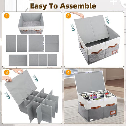 Supowin Shoe Organizer for Closet, Foldable Shoe Storage Bins with Lid & Adjustable Dividers, Fabric Shoe Box Storage Containers with Four Reinforced Handles, Fits 16 Pairs, 1 Pack, Grey