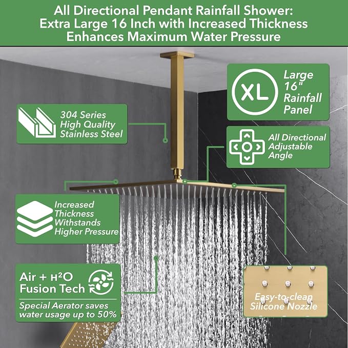VANFOXLE Shower Faucet Set Brushed Gold Shower System, Push Button Diverter Shower Faucet with Trim Kit, Ceiling Mount 16 Inch Shower Head Increased Thick, 6 Inch Side Shower Head, 2-in-1 Handheld