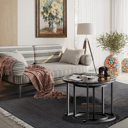 aboxoo Black Nesting Coffee Glass Table Set of 2, Metal Freme Side End Tables for Living Room Bedroom for Apartment Small Place Modern Industrial Simple, 23.6D x 23.6W x 17.7H in