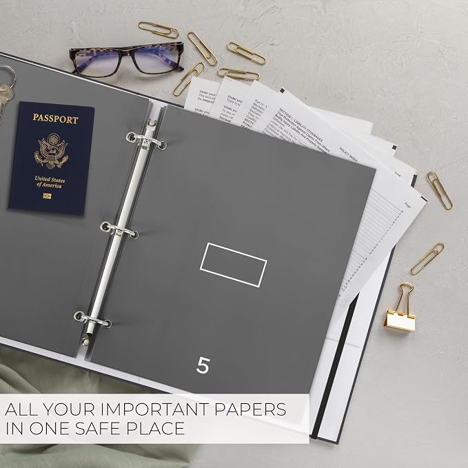 Important Document Organizer Set with Folders - Complete Linen Ring Binder Set Safely Stores All Documents & Files in One Place - Easy to Use Expanding Storage Incl. Envelopes, Pockets & Labels