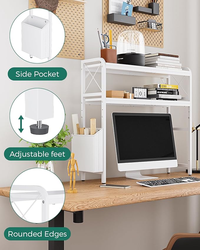 Desktop Shelves, Monitor Stand with Adjustable Shelves and Side Pockets, 2-Tier Desktop Bookshelf Organizer, Large Capacity Display Shelf Rack, Desk Hutch for Home Office, Study Room, White