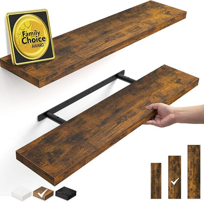 BAYKA Floating Shelves Set of 2, 35.4 inches Long Wall Mounted Rustic Wood Shelves for Bathroom, Bedroom, Living Room, Kitchen, Office, Hanging Shelf for Books/Storage/Decor, Rustic Brown