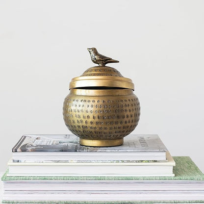 Round Hammered Metal Container with Bird Finial, Brass Finish