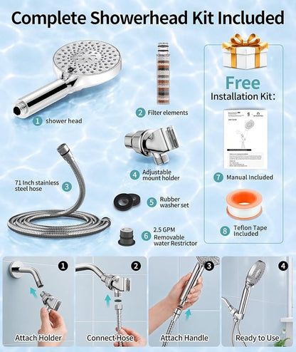SR SUN RISE Filtered Shower Head with Handheld High Pressure 9 Spray Mode Showerhead Detachable Shower Head Water Softener Filters Beads for Hard Water Remove Chlorine 1 Filter Chrome