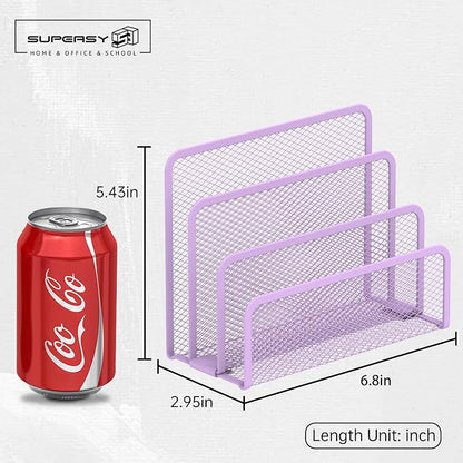 SUPEASY Mail Organizer for Desk, Mesh Metal Mail Holder Countertop with 3-Slot, Letter Sorter File Holder, Office Envelope Organizer for Mails (Purple)