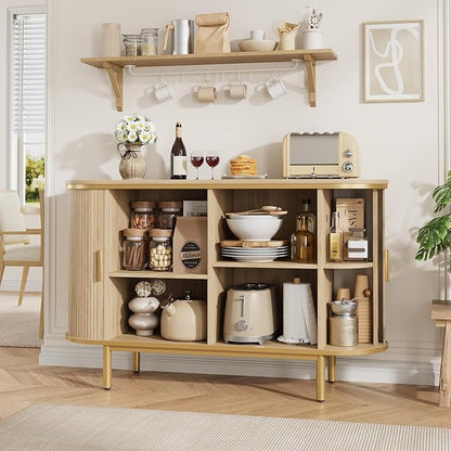 QUW Console Table with Sliding Tambour Doors, 47" TV Stand with Storage & Adjustable Open Shelves for TVs up to 55", Modern Entryway Table for Living Room, Foyer, Hallway, Natural Oak