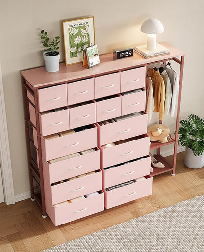 GarveeHome Dresser with 16 Drawers & Hanging Rod & Shelves, Fabric Storage Organizer for Bedroom, Closet, or Entryway
