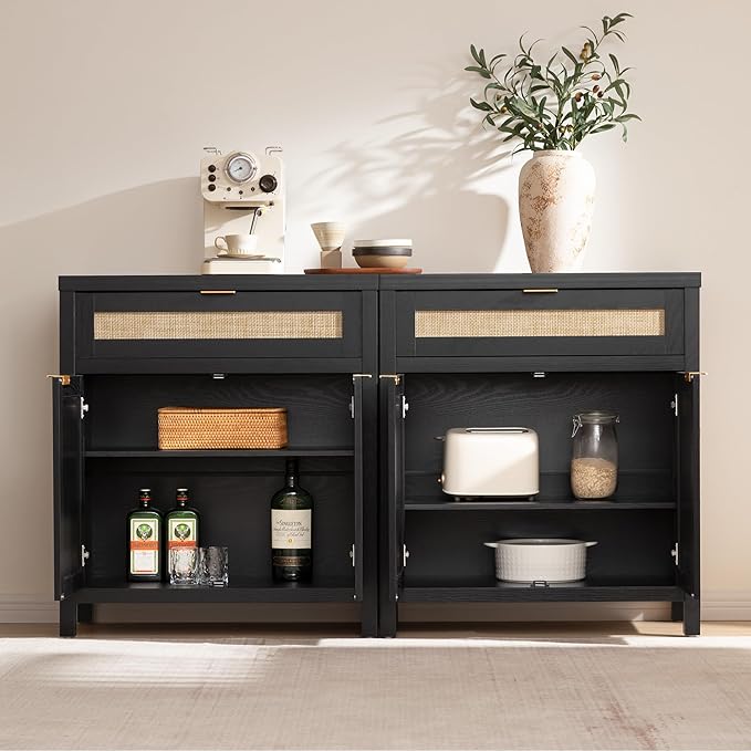 SICOTAS Sideboard Buffet Storage Cabinet, Rattan Accent Cabinet with Doors and Drawer, Modern Credenzas Buffet Table Console Coffee Bar Cabinets for Entryway Living Room, Black