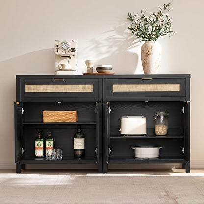 SICOTAS Sideboard Buffet Storage Cabinet Set of 2, Rattan Credenza Buffet Table, Modern Console Accent Cabinet with Doors and Drawer, Coffee Bar Cabinets for Kitchen Entryway Living Room, Black