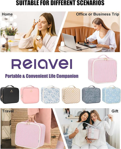 Relavel Travel Makeup Bag With LED Mirror, Portable Cosmetic Bag Organizer with Adjustable Brightness in 3 Color Scenarios, Small Cute Train Case with Detachable Dividers for Trip- Pink Strip
