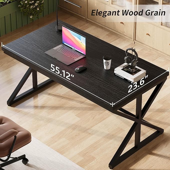 IBF 55 Inch Black Home Office Desks, Modern Computer Desk for Writing Study, Wood Metal Simple Gaming Work Table for Bedroom, Industrial Wooden Pc Workstation Executive Desk, Black Oak