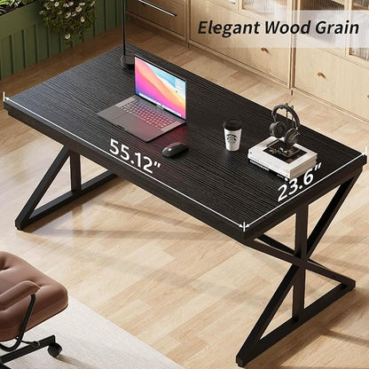 IBF 55 Inch Black Home Office Desks, Modern Computer Desk for Writing Study, Wood Metal Simple Gaming Work Table for Bedroom, Industrial Wooden Pc Workstation Executive Desk, Black Oak