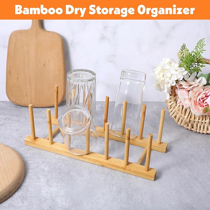 8 Pcs Bamboo Plate Holder & Wooden Dish Rack Organizer, 11.6x4.7x3.9 Inch Bamboo Wooden Dish Rack for Plates, Bowls, Cutting Boards & Kitchen Cabinet Storage