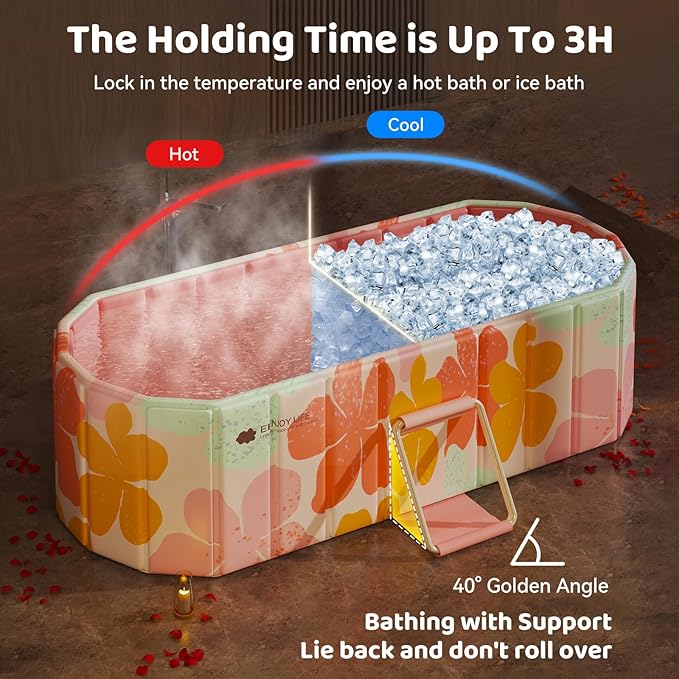 Portable Foldable Bathtub, Freestanding Bathtub No Installation, Bathroom SPA Soaking Bath Tub, Shower Stall Collapsible Hot & Ice Bath for Indoor Outdoor (Pink, ‎47.2"L x 21.6"W x 19.6"H)