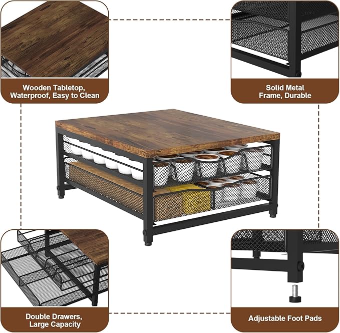 VyGrow Coffee Pod Holder For Counter, Wooden K Cup Holder with Double Layer Sliding Drawer, Large Capacity Coffee Pod Storage for Coffee Station, Home, Office, Kitchen