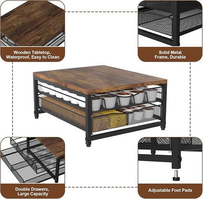 VyGrow Coffee Pod Holder For Counter, Wooden K Cup Holder with Double Layer Sliding Drawer, Large Capacity Coffee Pod Storage for Coffee Station, Home, Office, Kitchen