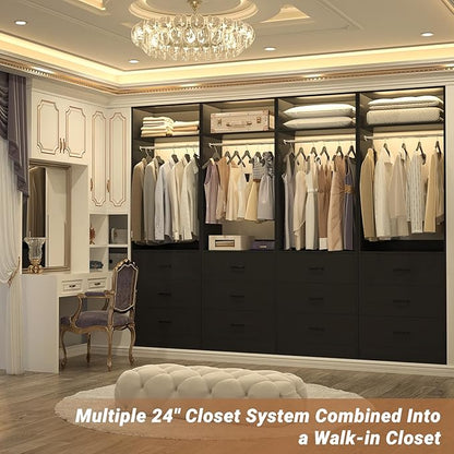 Closet System Set of 4, 8FT Closet Systems with 12 Wood Drawers, 96" Closet Organizer System with 4 Hanging Rods & 4 Shelves, Heavy Duty 96 Inch Walk-in Closet, Black (96"L x 15" W x 80" H)