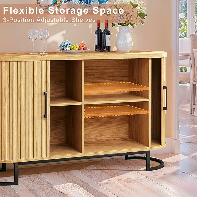 54.3" Sideboard Buffet Cabinet with Storage, Buffet Cabinet with Sliding Door & Adjustable Shelf, Modern Sideboard Cabinets for Kitchen, Living Room, Entryway, Oak