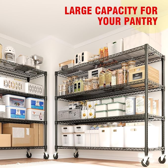 GarveeLife 72" H Storage Shelves with Wheels 2640 LBS Heavy Duty Metal Shelving 4-Tier Wire Shelving for Corner Storage Rack Adjustable Pantry Shelf for Kitchen Pantry, 72" H x 59" W x 17.7" D