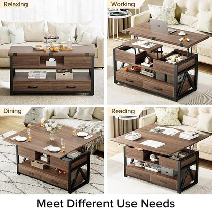 Memobarco 40" Lift Top Coffee Table,4 in 1 Multi-Function Lift Coffee Tables with Storage Drawers and Hidden Compartmen,Farmhouse Coffee Table with Lifting top for Living Room, Walnut