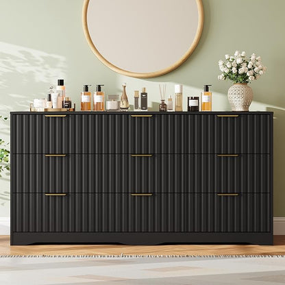 Fluted 9 Drawers Dresser for Bedroom, 63" Wide Wood Dressers Chest of Drawers with Metal Handle, Long Modern Dresser TV Stand Storage Organizer for Living Room, Black