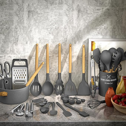 Umite Chef Silicone Kitchen Utensil Set, 34PCS Heat Resistant Kitchen Gadgets and Tools With Grater, Wood Handles for Nonstick Cookware (Dark Gray)