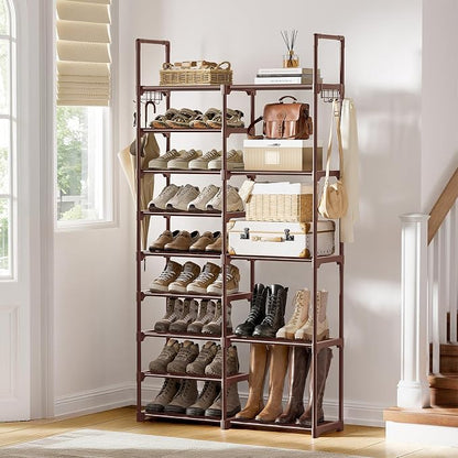 WOWLIVE 9 Tiers Large Shoe Rack Brown Shoe Rack Organizer for Closet 30-35 Pairs Stackable Heavy Duty Shoe Shelf Shoe Storage with Metal Pipes Plastic Connectors