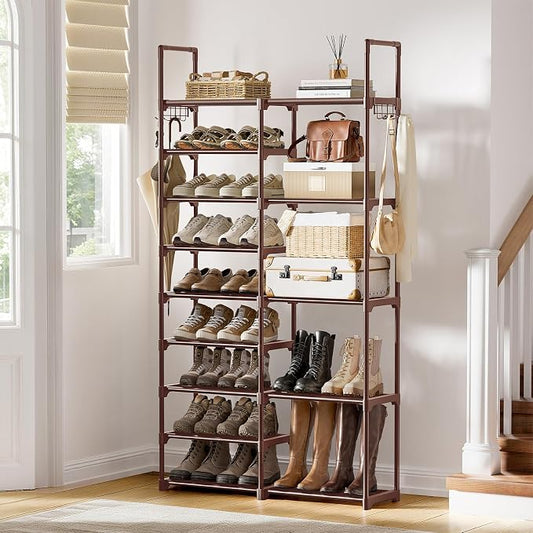 WOWLIVE 9 Tiers Large Shoe Rack Brown Shoe Rack Organizer for Closet 30-35 Pairs Stackable Heavy Duty Shoe Shelf Shoe Storage with Metal Pipes Plastic Connectors