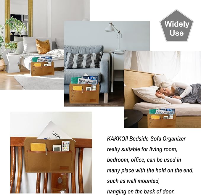 Bedside Caddy, Sofa Caddy, Storage Organizer Pocket for Dorm, Bedroom, 5 Pockets Felt Organizer for Magazine, Remote, Phone, Tablet, Pad, Glasses, Pen, Remote Control (Brown-Short)