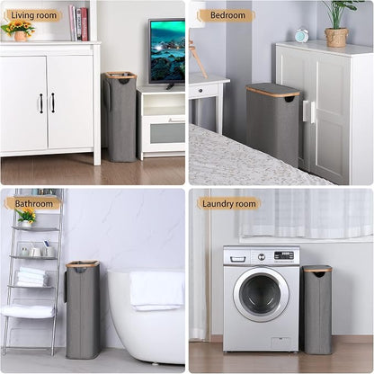 iEGrow 65L Slim Laundry Hamper, Narrow Laundry Basket with Lid,Foldable Clothes Hamper with Bamboo Handles,Hamper Basket with Removable Inner Bag for Laundry Room Bedroom College Dorm,17.17 Gals Grey