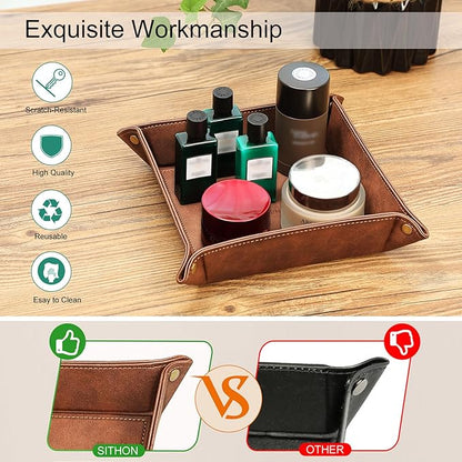 SITHON Valet Tray Desktop Storage Organizer – Premium PU Leather Catchall Bedside Vanity Tray Nightstand Caddy Holder for Keys, Phone, Wallet, Coin, Valentine's Day Gift, Brown