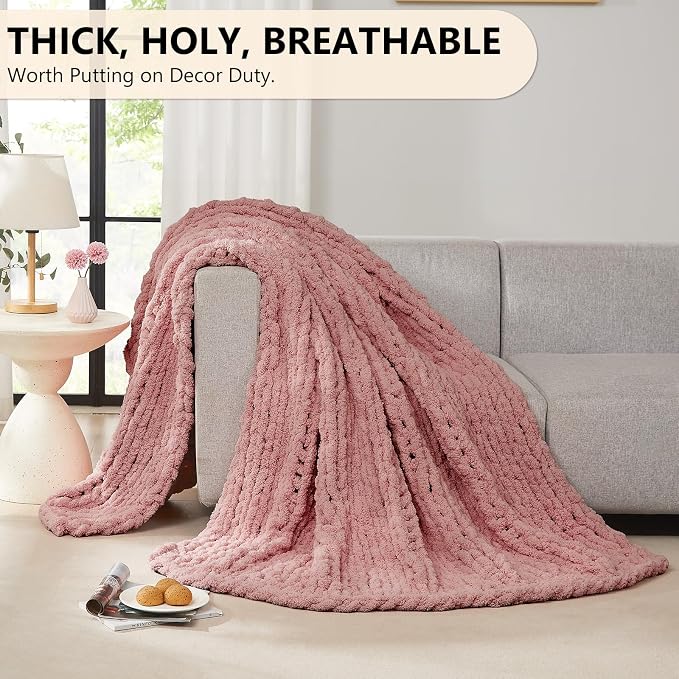 L'AGRATY Chunky Knit Blanket Throw: 72''x84'' Chenille Chunky Knitted Throw Blanket for Bed Couch - Handmade Thick Big Cable Knit Blanket - Large Crochet Blankets for Home Decor(Rose Pink)
