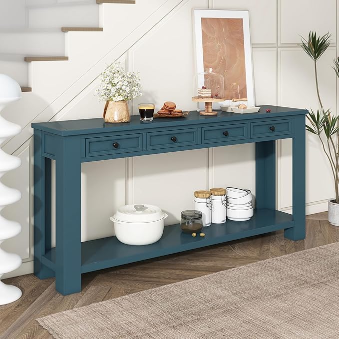 Knocbel Console Table Hallway Entryway Side Table, 63" Long Sofa Table Furniture with 4 Drawers and Bottom Shelf for Living Room Home Decor, New Dark Blue