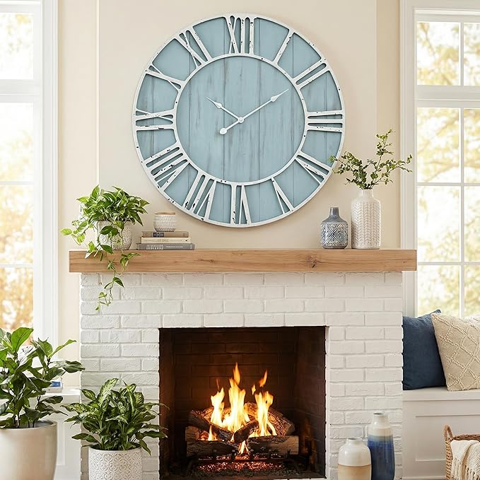 EMAX HOME Large Farmhouse Wall Clock 30 Inch Vintage Blue Wooden Wall Clock with Quiet Ticking and Minimalist Roman Numerals for Bedroom Living Room Office Kitchen Home Decor, Battery Operated