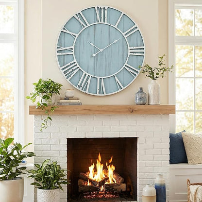 EMAX HOME Large Farmhouse Wall Clock 30 Inch Vintage Blue Wooden Wall Clock with Quiet Ticking and Minimalist Roman Numerals for Bedroom Living Room Office Kitchen Home Decor, Battery Operated